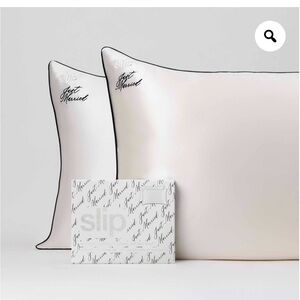 NWT slip White Silk Pillowcase with Black Piping and 'Just Married' Embroidery